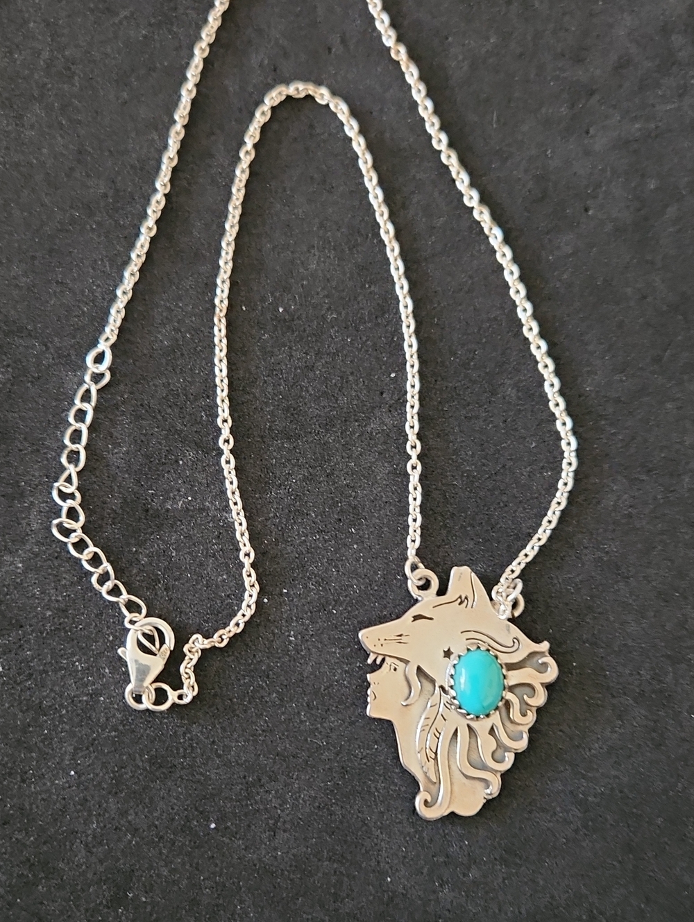Silver Wolf/Woman's Head Pendant Necklace with Turquoise Stone